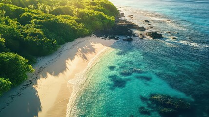 Aerial View of Hidden Tropical Beach Cove with Turquoise Ocean Water and Lush Green Cliffs at Sunrise