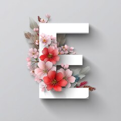 赤とピンクの花飾りが付いた白い紙の文字「E」