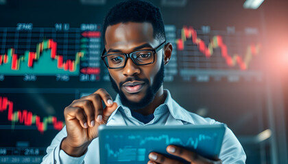 African-American financial specalist analyze stock market data using tablet hologram technology