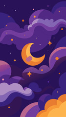 Crescent moon among clouds and stars in night sky