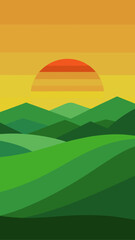 Landscape view of hills and sunset with orange sky