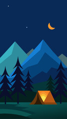 Night camping scene with tent trees and mountains