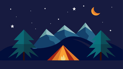 Camping scene with tent mountains and starry night