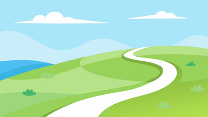Cartoon landscape with winding path and cloudy sky