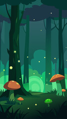 Illustration of a forest with mushrooms and fireflies