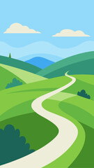 Winding road through green hills under a blue sky day