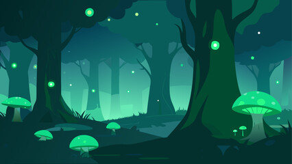 Illustration of a glowing mushroom forest at night