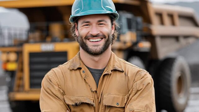 Man wearing a hard hat and a brown jacket stands in front of a large truck. He is smiling and he is proud of his work