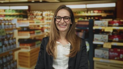 Woman shielding eyes with hand as she scans supermarket shelves inside building; discovery optimism.
