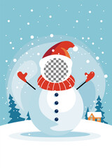 Snowman Christmas photobooth cutout board with face hole on cute festive winter snow backdrop. Cartoon holiday prop for party, decorative selfie frame design with snowy landscape and snowflakes