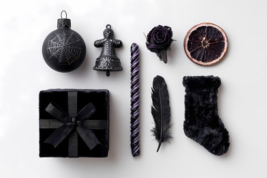 Black Holiday Decorations: An elegant assortment of black holiday ornaments and decorations, symbolizing a unique and stylish approach to festive celebrations.
