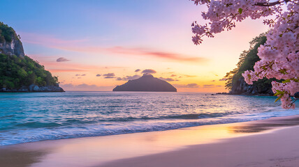 Tropical beach at sunset with cherry blossoms framing the scene