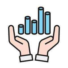 Fototapeta premium Two Upward-Facing Hands Supporting a Rising Blue Cylinder Bar Graph in Pastel Colors, Representing Profit, Growth, and Strong Economic Performance