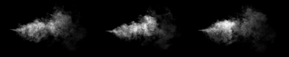 Close-up photo of abstract white steam or smoke. Illustration showing different textures and densities of white steam or smoke, isolated on black background.
