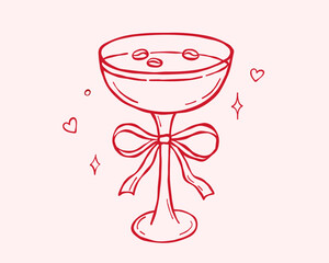 Espresso martini cocktail with coquette bow, pink hand drawn illustration, whimsical sketch for bride party design with drink glass