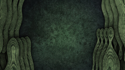 Dark Grungy Green Wood Grain Background with Abstract Layered Carved Shapes Framing the Sides Creating a Unique Organic Space