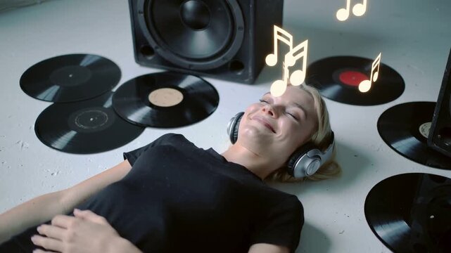 Happy woman with short blond hair with headphones on the floor enjoying music with various symbols in the air.Zoom in from above.AI Generative.