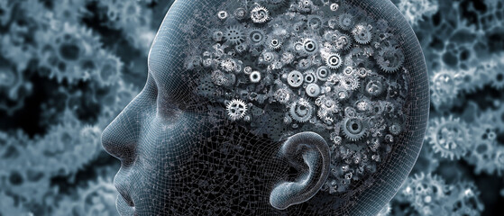 AI robot analyzing data, digital brain, futuristic technology