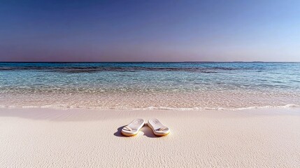 A pair of white flip-flops rests on a clean, white sandy beach, with the gentle waves of a clear turquoise ocean meeting the shore under a vast blue sky.