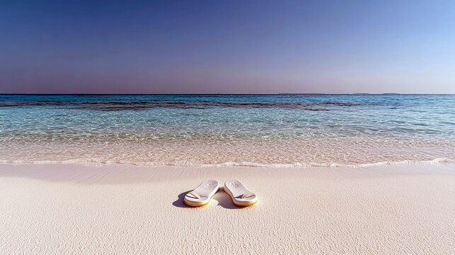 A pair of white flip-flops rests on a clean, white sandy beach, with the gentle waves of a clear turquoise ocean meeting the shore under a vast blue sky.