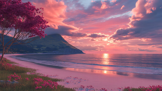 Serene beach at sunset with pink clouds and calm ocean waves