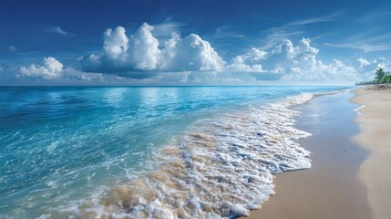 Peaceful tropical beach with calm turquoise sea gentle waves and soft white sand shoreline under clear blue sky relaxing coastal seascape background for travel and summer vacation concepts