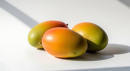 Three ripe mangoes with vibrant colors on a white surface with shadows