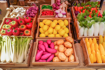 Fresh Fruits and vegetables at a farmer market,raw fruits,nutrition,organic,healthy eating or shopping in a grocery store.