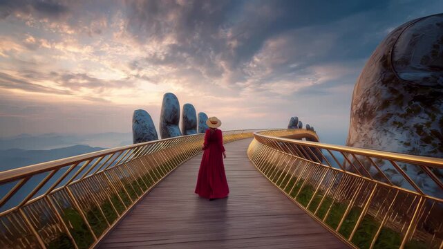 Woman in flowing red dress and hat walks on golden bridge with giant stone hands, 4k high quality footage