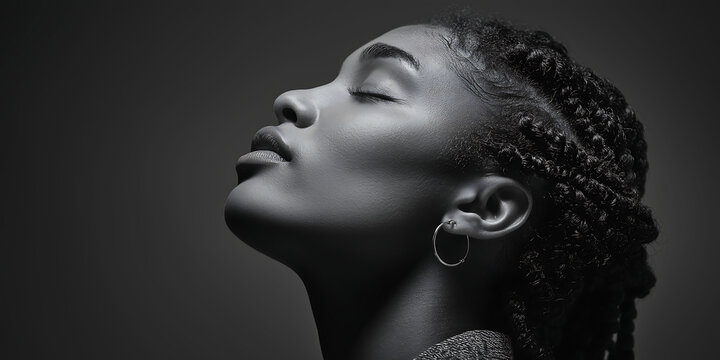 A serene and strong profile portrait of a young Black woman with braided hair, eyes closed, showing quiet confidence
