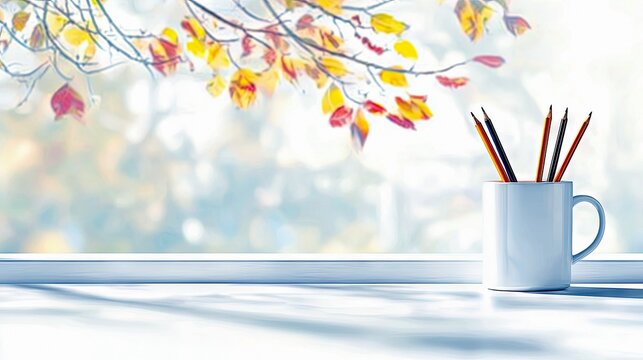 A white mug filled with pencils sits on a windowsill, with colorful autumn leaves visible through the window. - Powered by Adobe