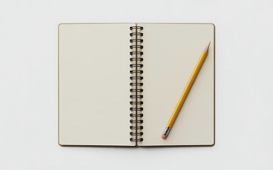 Open notebook with blank pages and a yellow pencil isolated on white background