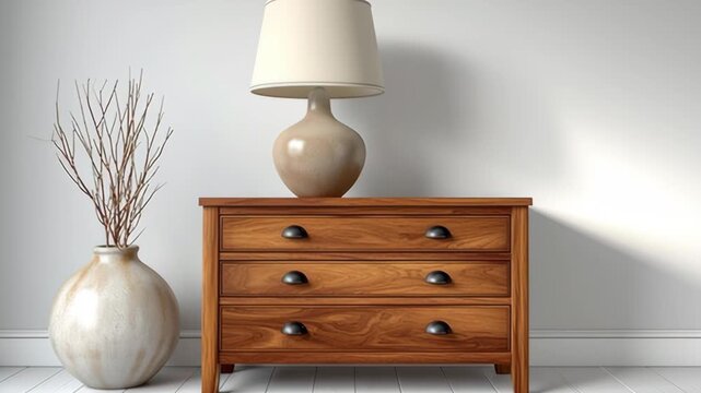 Wooden dresser with a lamp on top of it. The dresser has three drawers and a vase on the floor. The room is very clean and simple, with a white wall and a white floor