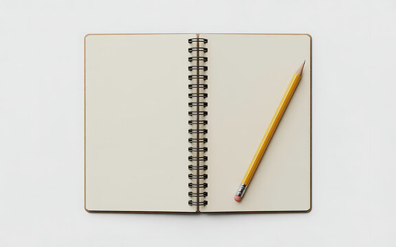 Open notebook with blank pages and a yellow pencil isolated on white background