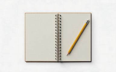 Open spiral notebook with blank pages and a yellow pencil on a white background