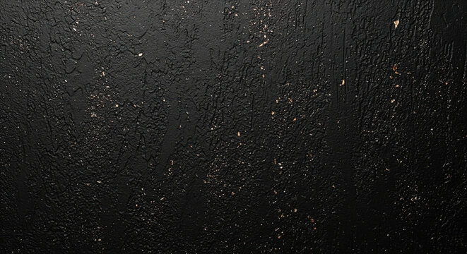 Grungy rough black textured surface with subtle golden flecks for background design.