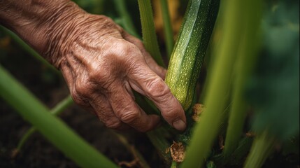 Elderly hand harvesting fresh zucchini in a home garden, showing sustainable agriculture and organic food concept