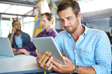 Creative agency, tablet and man in office, thinking and solution with magazine website. Person,...