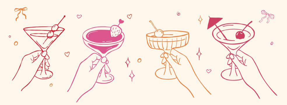 Hand holding martini glass with olive and umbrella, whimsical isolated vector illustration. Cocktail doodle line sketch, set, collection