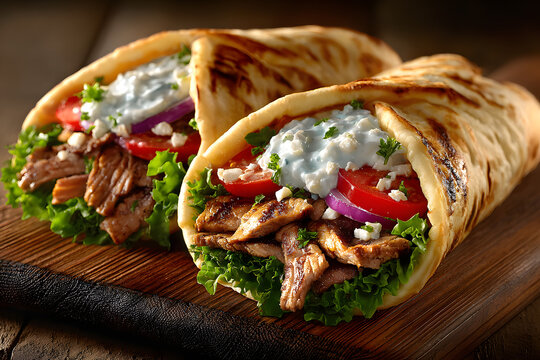 greek gyros rolled in pita, top view