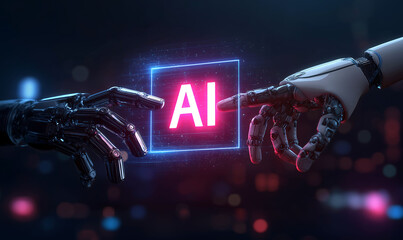 Futuristic human-robot AI interaction in cyberpunk environment with glowing tech elements