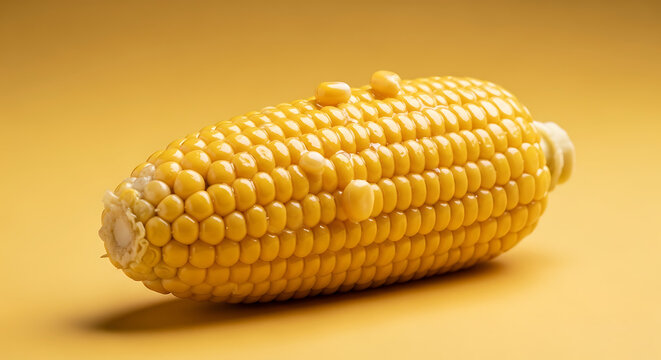 Close up shot of an ear of corn with some kernels detached on a yellow background in a studio shot - Powered by Adobe