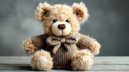 Obraz premium A cute, handmade teddy bear with a knitted body and bow tie on a table
