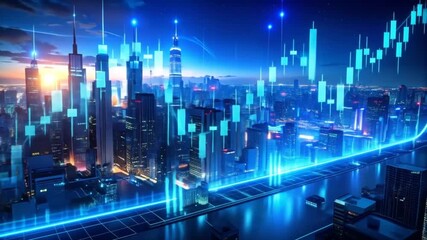Futuristic Cityscape with Financial Chart Overlay: Stock Market Analysis - Powered by Adobe