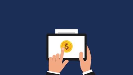 Hands hold a tablet displaying a coin symbol with a tax form visible above. Flat graphic animated cartoon