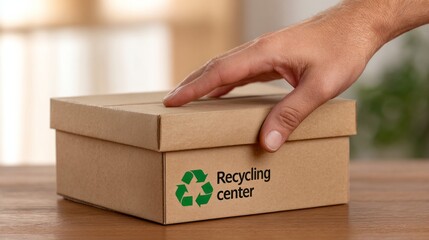 Hand placing cardboard box for recycling center, promoting sustainability and eco friendly consumer habits