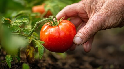 Hand picking ripe tomato from vine, harvesting organic vegetables from home garden, fresh produce farming