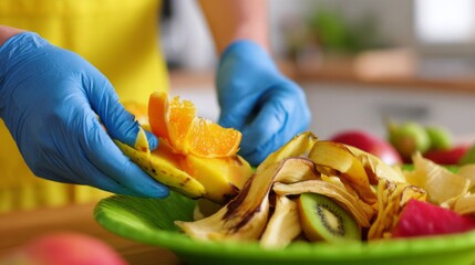 Person wearing blue gloves peeling an orange over a bowl of organic kitchen waste, fruit scraps for composting