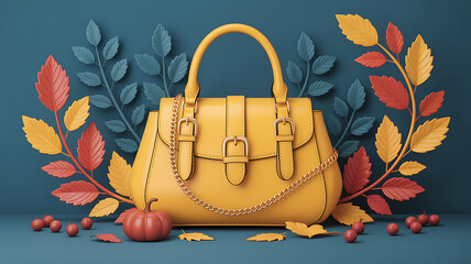 Autumn inspired handbag display with fall leaves and decorative elements