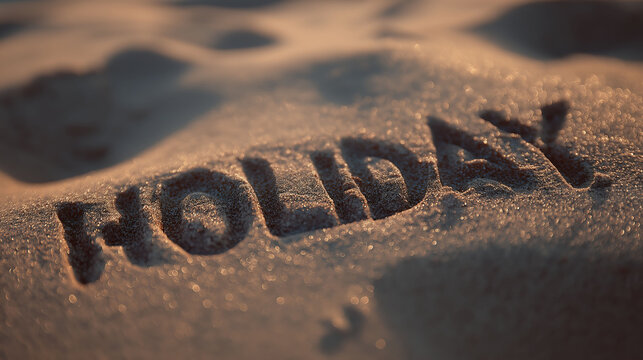 "Word "HOLIDAY" written in sand, beach setting" - Powered by Adobe
